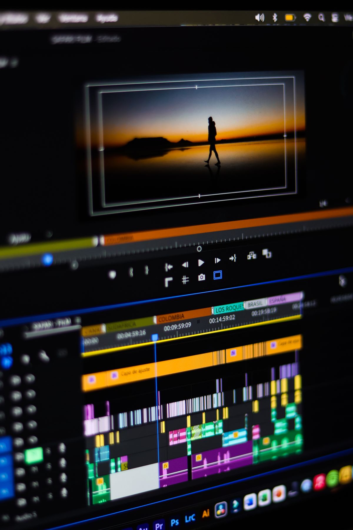 A professional video editing interface with timeline and preview on a monitor